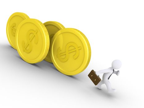 3d businessman is being chased by rolling dollar coins