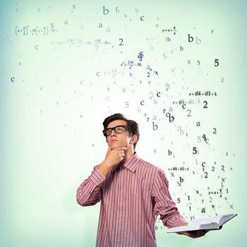 young scientist holding a book, fly out different ideas. concept of creativity