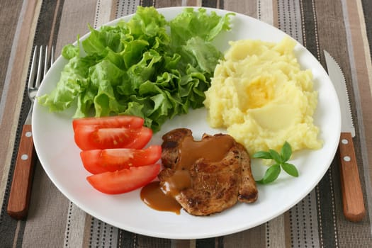 fried pork with mashed potato and salad