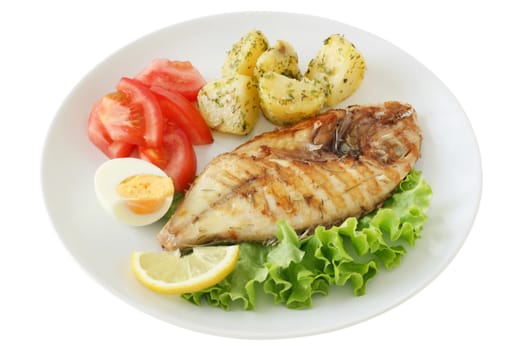 grilled fish with potato and salad