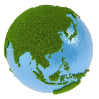 East Asia on green planet covered with grass isolated on white background. Concept of ecology and clean environment. Elements of this image furnished by NASA