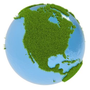 North America on green planet covered with grass isolated on white background. Concept of ecology and clean environment. Elements of this image furnished by NASA
