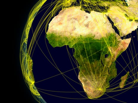 Africa viewed from space with connections representing main air traffic routes. Elements of this image furnished by NASA.