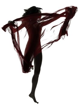 one beautiful asian woman naked behind red veil in silhouette studio isolated on white background