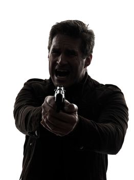 one man killer policeman aiming gun silhouette studio white background
