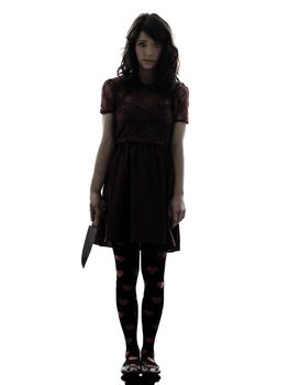 one caucasian strange young woman killer holding bloody knife in silhouette white background