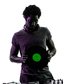 one disc jockey man in silhouette on white background