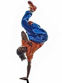 one hip hop acrobatic break dancer breakdancing young man handstand silhouette white background