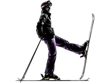 one caucasian woman skier skiing in silhouette on white background