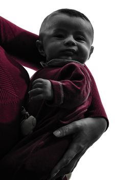 one caucasian baby in mother arms silhouette on white background