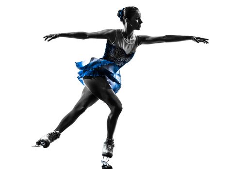 one caucasian woman ice skater skating in silhouette on white background