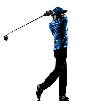 one man golfer golfing golf swing in silhouette studio isolated on white background