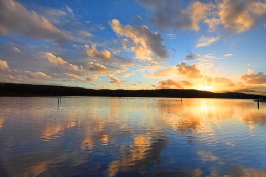 Summer sunset over the oyster farms, Central Coast, Australia