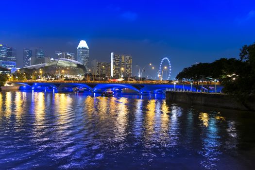 View to Singapore River. Center of City,  Esplanade Bridge and Singapore Flyer.