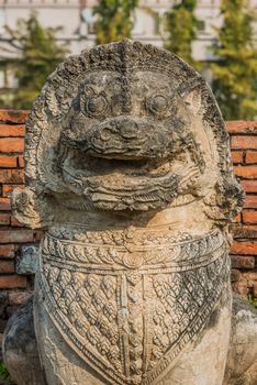 lion statue at Wat Thammikarat temple at Ayutthaya bangkok thailand