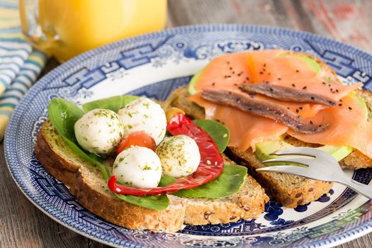 Tasty healthy picnic snacks with whole grain bread topped with gourmet smoked salmon, avocado, mozzarella cheese, chili pepper and baby spinach served on a blue plate