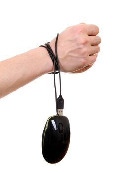 Hands tied with Cable of Computer Mouse Isolated on the White