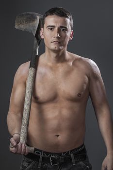 Industrial, Male worker holding a shovel, sexy builder
