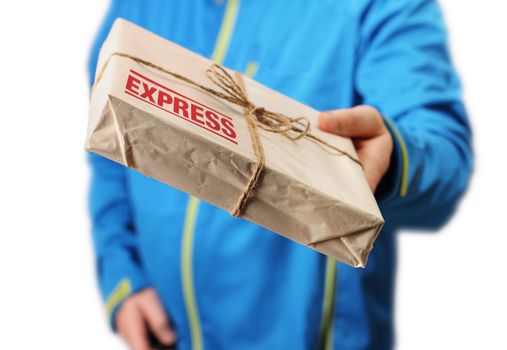 Male courier service worker holding express delivery package