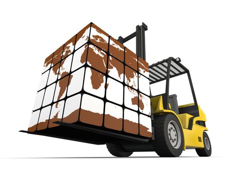 Concept of global transportation, modern yellow forklift carrying planet Earth in form of cube, isolated on white background. Elements of this image furnished by NASA.