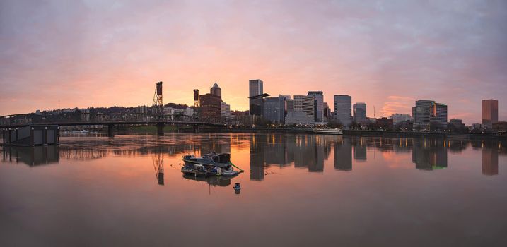 Sunset Over Willamette River in Portland Oregon Downtown Waterfront Panorama