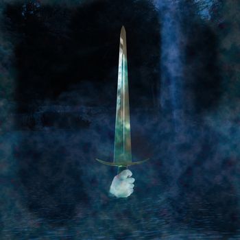 Male hand holding a Sword coming out of a foggy lake