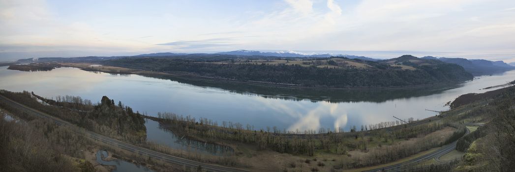 Columbia River Gorge between Washington and Oregon in the Morning during Winter Panorama