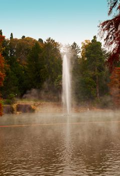 Thermal Lake with big trees on the sides and big water jet