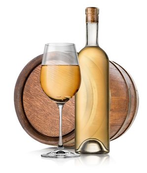 Bottle and glass of white wine isolated on white background