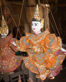 String puppet Burmese (Myanmar) tradition dolls are hanging in souvenir shop