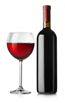 Glass and bottle of red wine isolated on white background