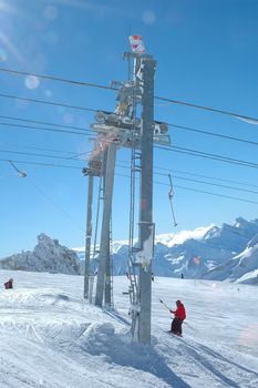 Drag lift on Hintertux glacier nearby Zillertal valley in Austria
