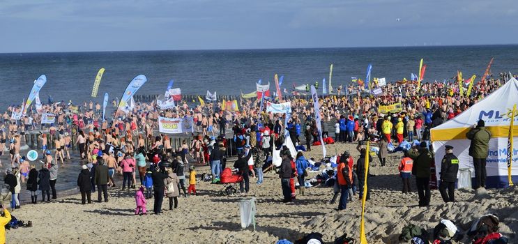 Hundreds of people participated in attempt to beat Guinness World Record, in Polar Bear Plunge, in Mielno City, in Poland