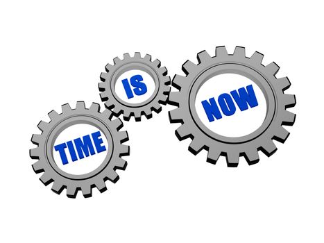 time is now - words in 3d silver grey metal gear wheels, business motivation concept