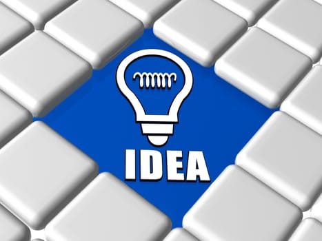 idea and light bulb sign - 3d white text and symbol over blue between grey boxes keyboard, business concept