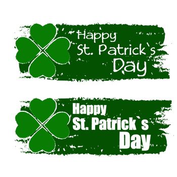 happy St. Patrick's day - text in green drawn banners with four leaved shamrock symbol, holiday seasonal concept