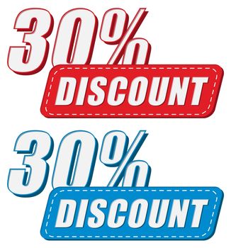 30 percentages discount in two colors labels, business shopping concept, flat design