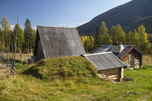 Swedish traditional wooden cabins in the mountains