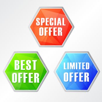 special, best, limited offer, three colors hexagons web icons, flat design, business shopping concept