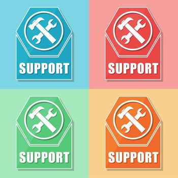 support and tools sign - four colors web icons with symbol, flat design, business service concept