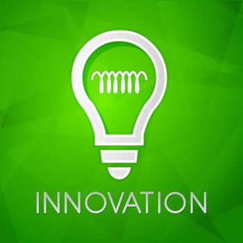 innovation and light bulb sign - text over green background with white symbol, concept web icon flat design