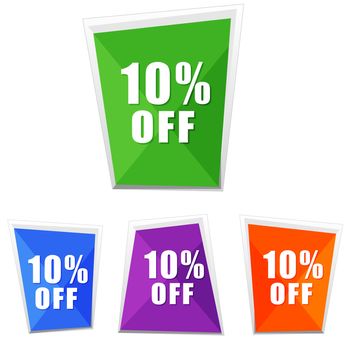 10 percentages off, four colors labels, flat design, business shopping concept