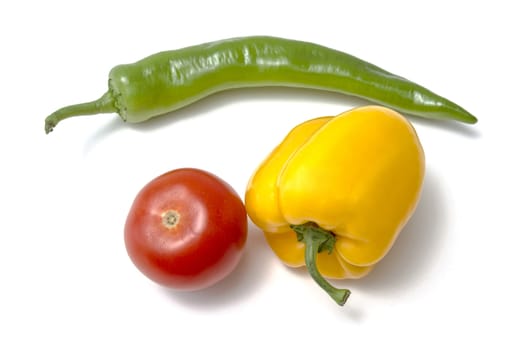 tamato and pepper closeup on white background