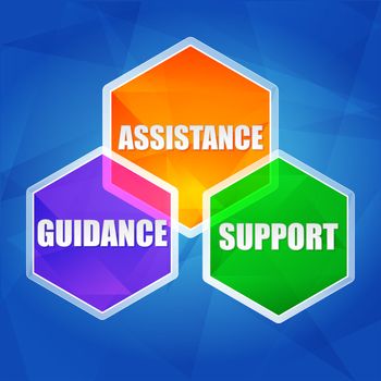 assistance, support, guidance - business concept words in color hexagons over blue background, flat design