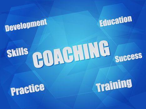 coaching and business concept words in hexagons over blue background, flat design