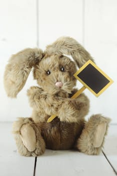 Adorable Teddy Bear Like Home Made Bunny Rabbit on Wooden White Background