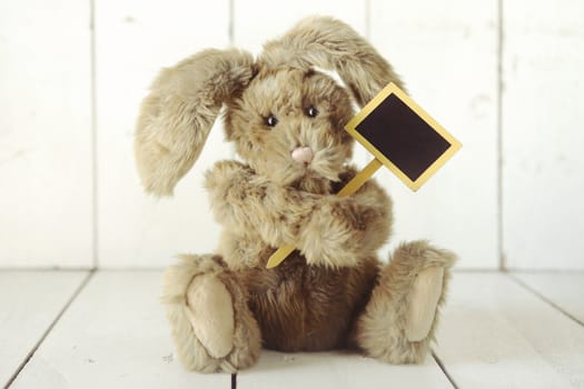 Adorable Teddy Bear Like Home Made Bunny Rabbit on Wooden White Background