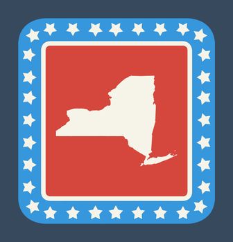 New York state button on American flag in flat web design style, isolated on white background.