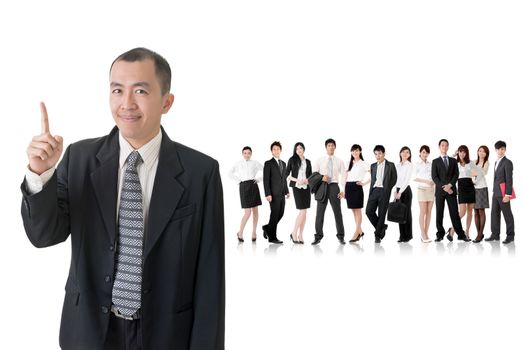 Mature businessman of Asian got an idea and standing in front of his team on studio white background.