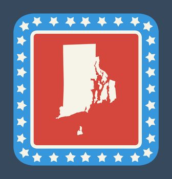 Rhode Island state button on American flag in flat web design style, isolated on white background.